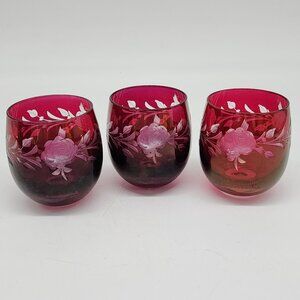 Set Of 3 Vintage Cranberry Glasses With Etched Floral Design Flashed Color